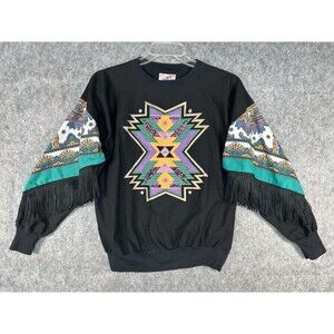Vintage HAZELWOOD SOUTHWESTERN Fashion Aztec Shirt 90's Fringe Beaded Size M